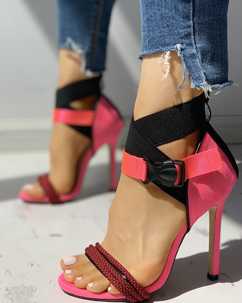 Colorblock Bandage Push Buckle Thin Heeled Sandals