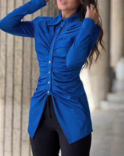 Buttoned Ruched Asymmetrical Hem Long Sleeve Top
