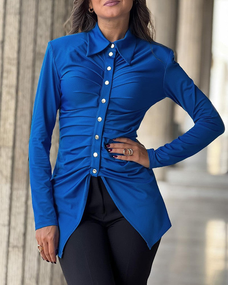 Buttoned Ruched Asymmetrical Hem Long Sleeve Top