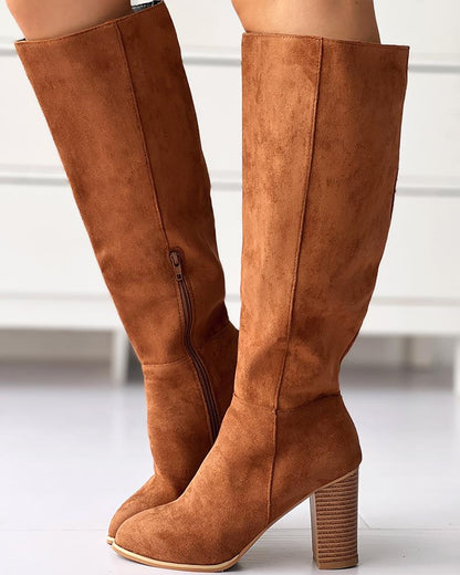 Chunky Heel Side Zip Calf Boots