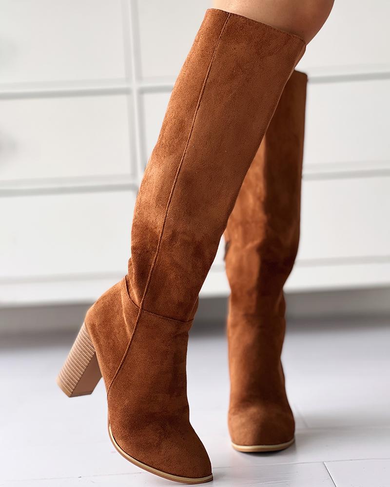 Chunky Heel Side Zip Calf Boots