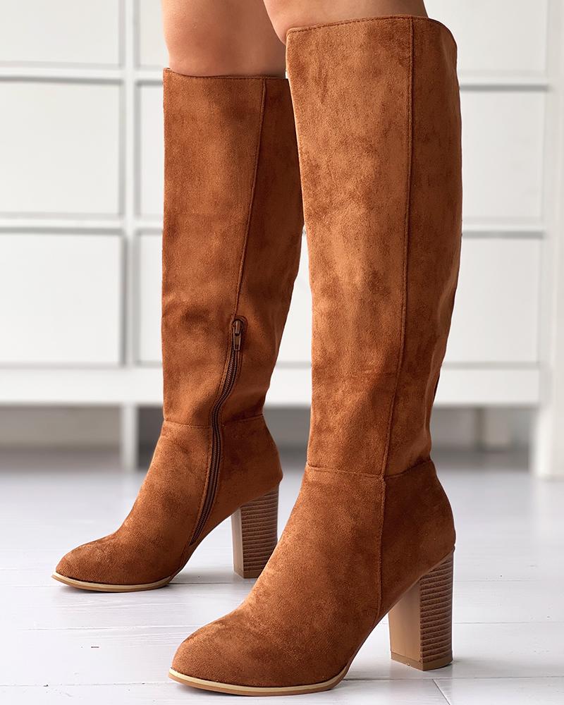 Chunky Heel Side Zip Calf Boots