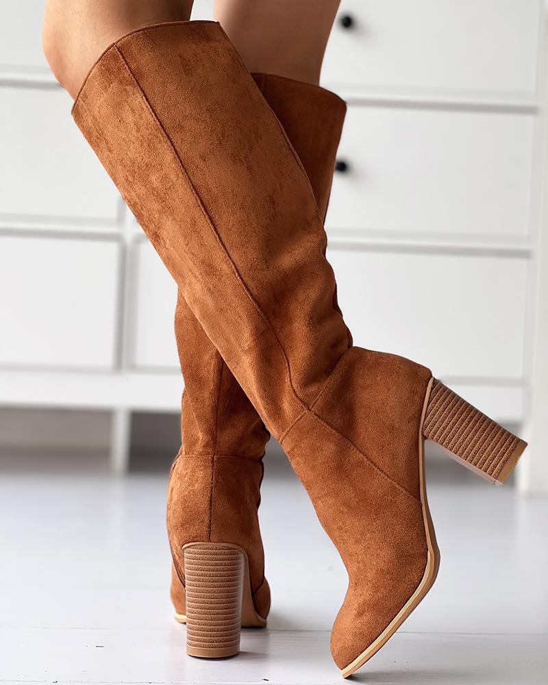 Chunky Heel Side Zip Calf Boots