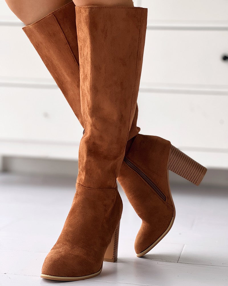 Chunky Heel Side Zip Calf Boots