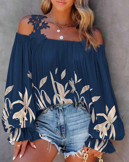 Plants Print Lace Patch Cold Shoulder Top