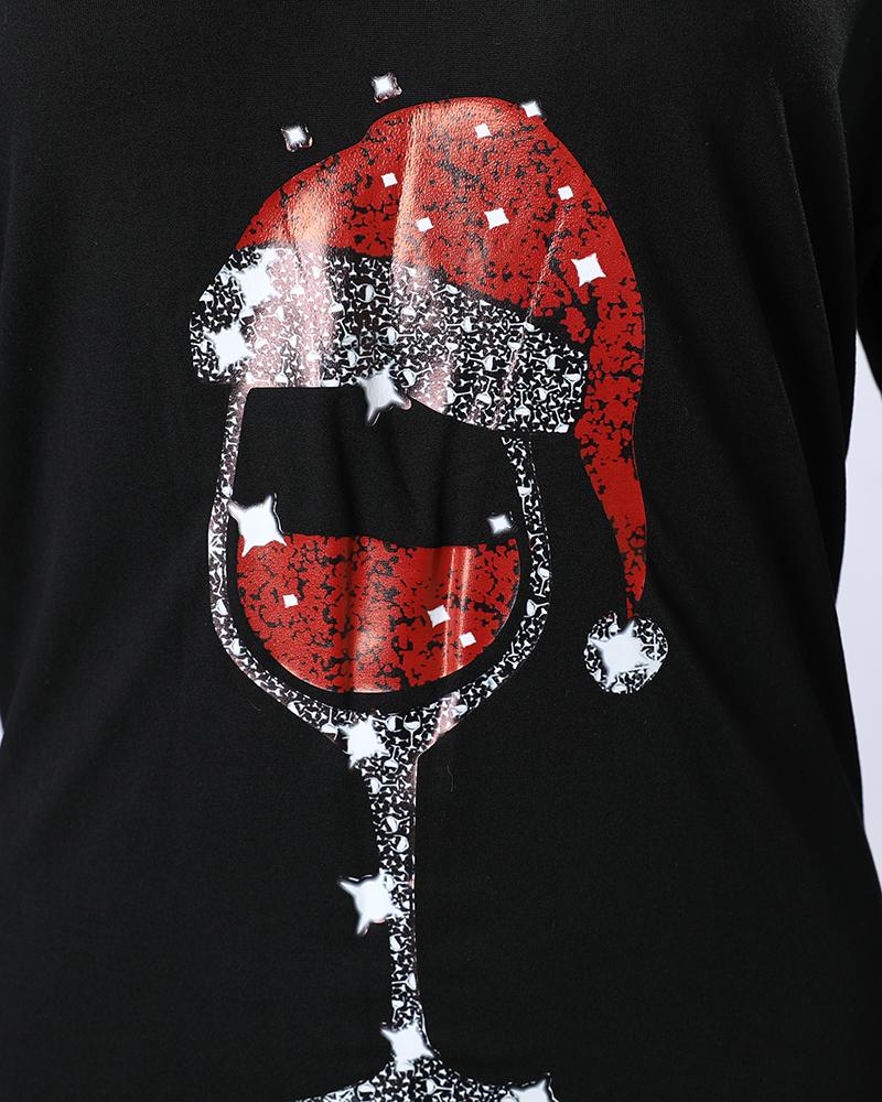 Christmas Wine Glass Print Casual Sweatshirt