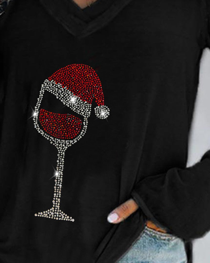 Christmas Wine Glass Print Casual Sweatshirt