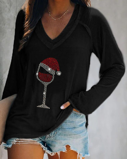 Christmas Wine Glass Print Casual Sweatshirt