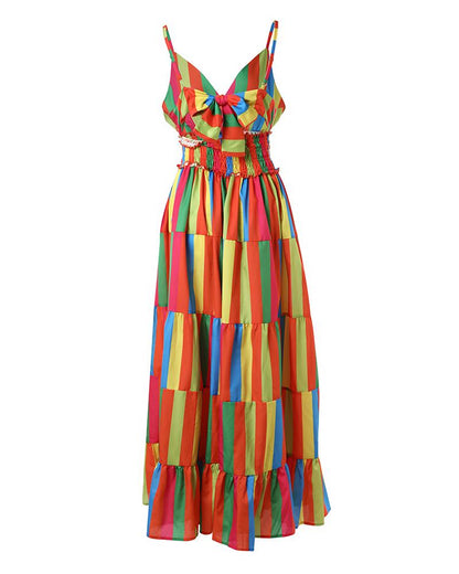 Rainbow Stripe Print Halter Backless Maxi Dress