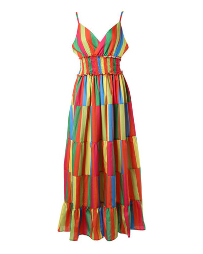 Rainbow Stripe Print Halter Backless Maxi Dress