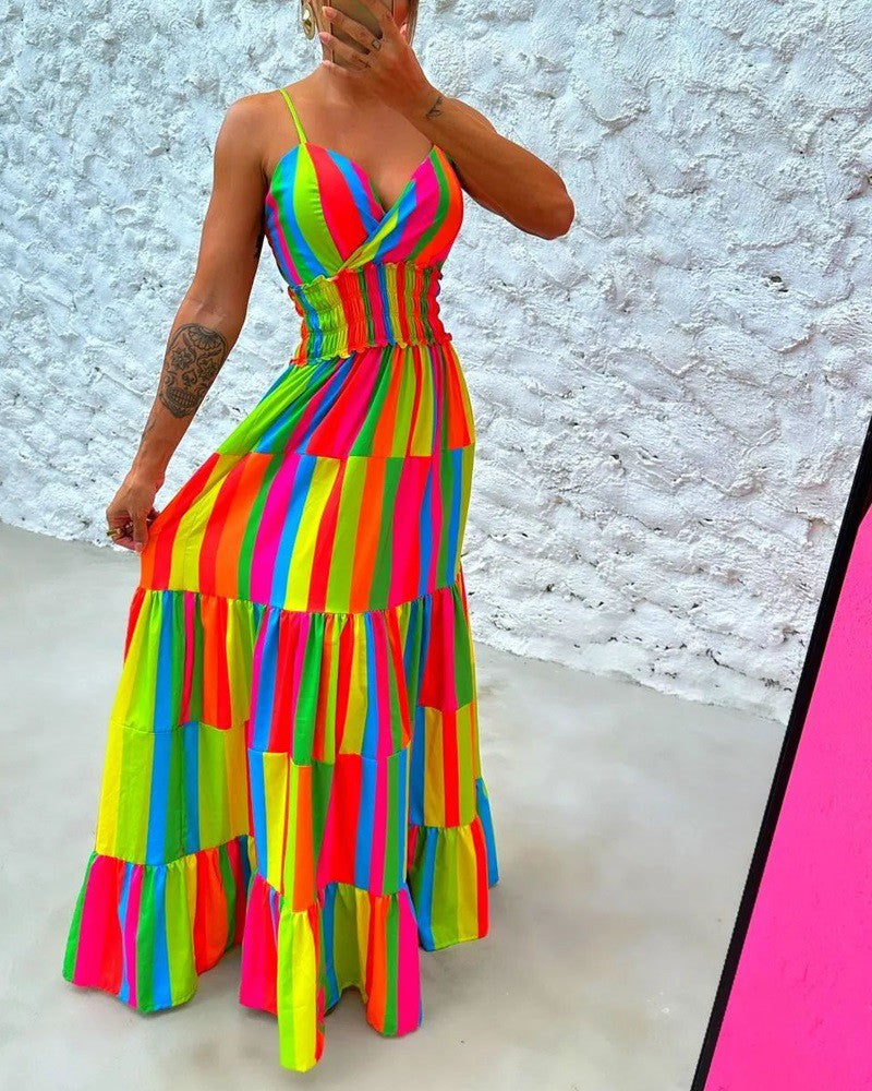 Rainbow Stripe Print Halter Backless Maxi Dress