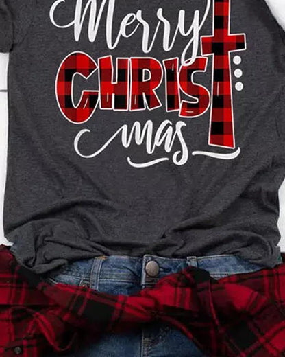 Christmas Letter Plaid Print Casual T shirt