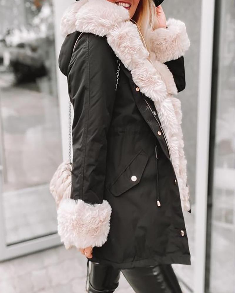 Faux Fur Patch Pocket Zipper Design Hooded Coat