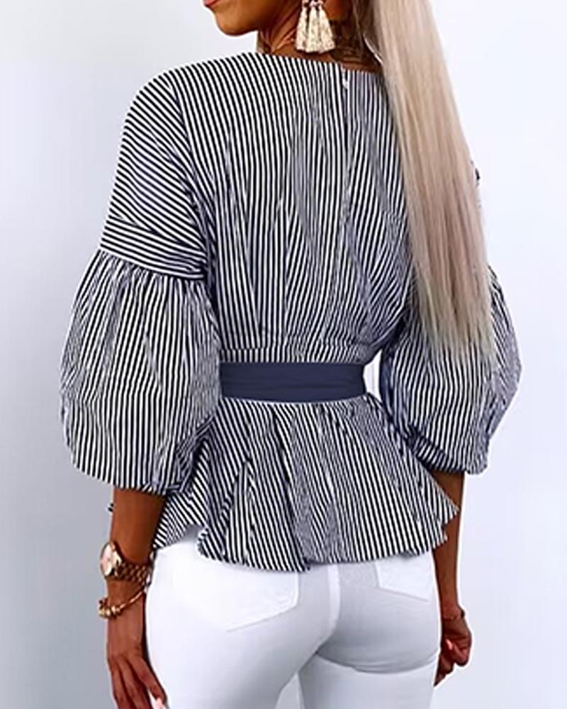 Striped Lantern Sleeve Tied Detail Top