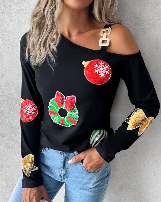 Christmas Graphic Pattern Cold Shoulder Top