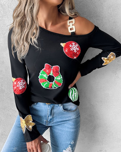 Christmas Graphic Pattern Cold Shoulder Top