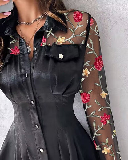 Floral Embroidery Mesh Patch Shirt Dress