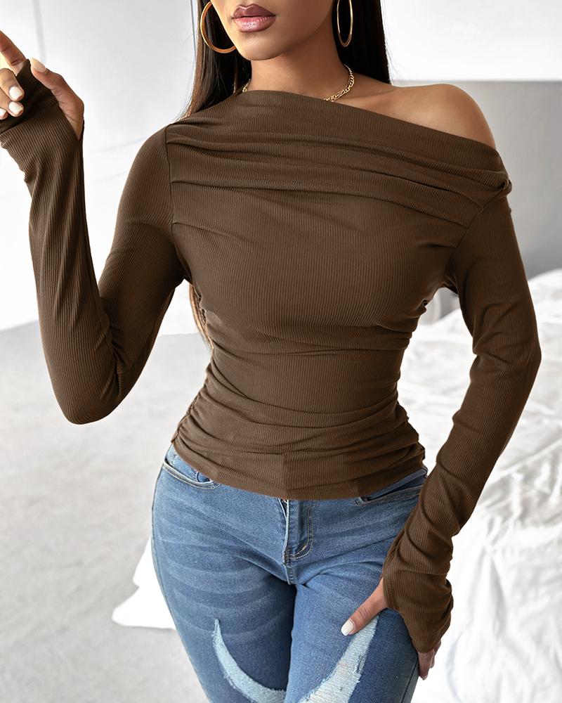 Skew Neck Ruched Long Sleeve Top