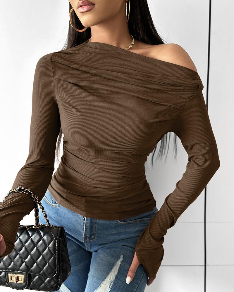 Skew Neck Ruched Long Sleeve Top