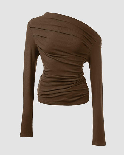 Skew Neck Ruched Long Sleeve Top