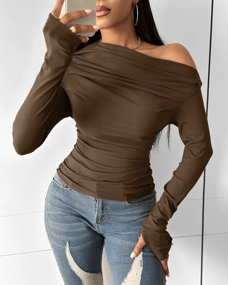 Skew Neck Ruched Long Sleeve Top