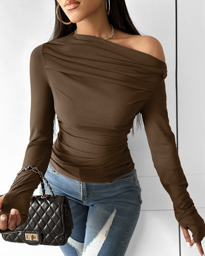 Skew Neck Ruched Long Sleeve Top