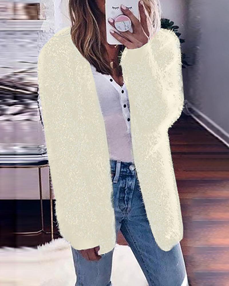 Solid Fluffy Long Sleeve Casual Cardigan