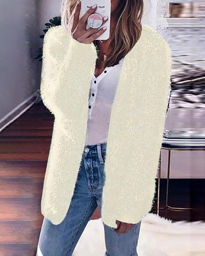 Solid Fluffy Long Sleeve Casual Cardigan