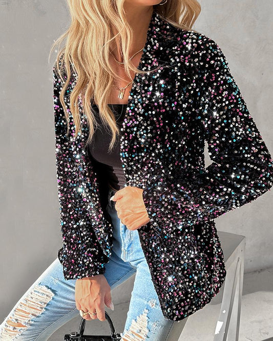 Long Sleeve Shawl Neck Sequin Blazer Coat