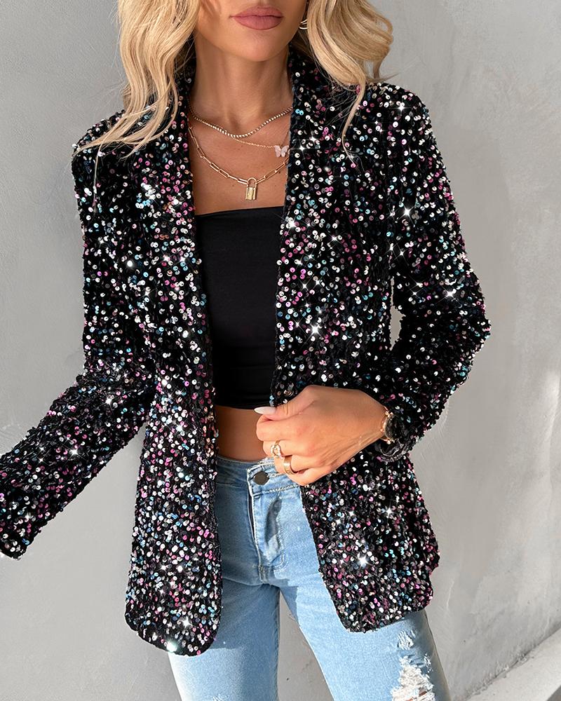 Long Sleeve Shawl Neck Sequin Blazer Coat