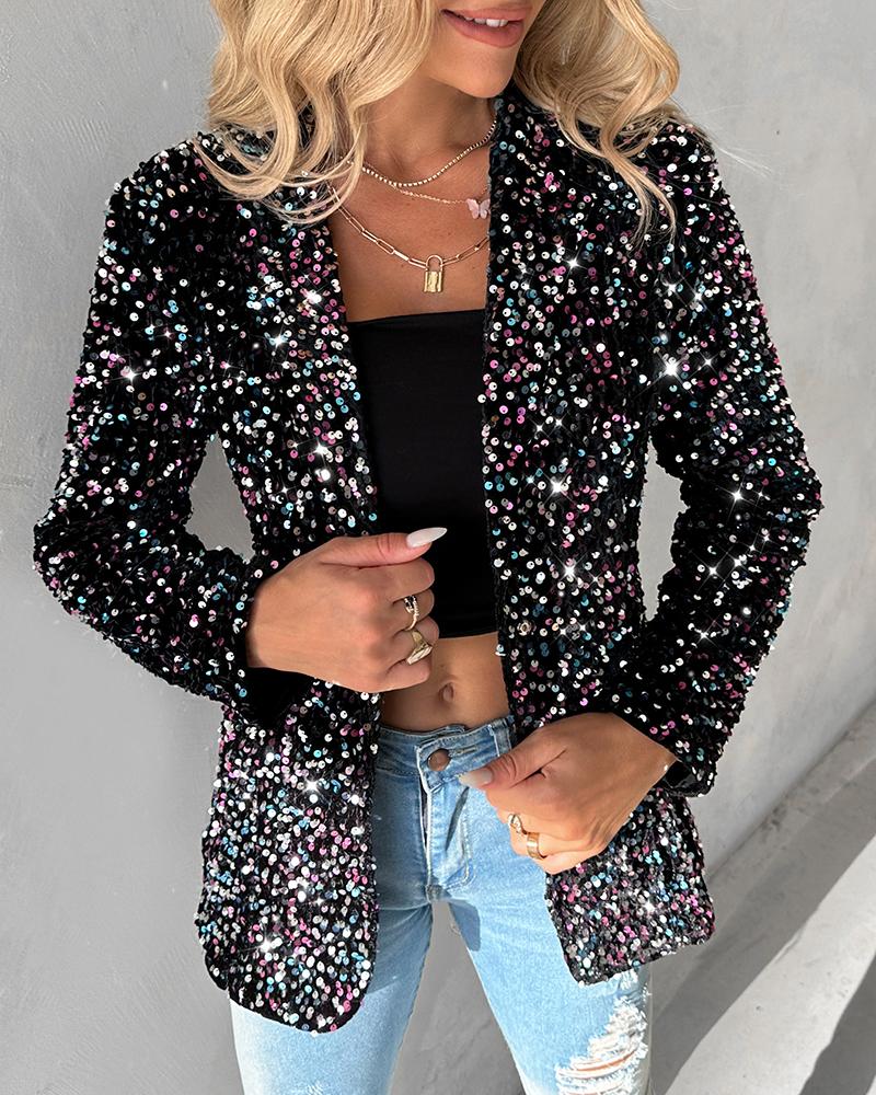 Long Sleeve Shawl Neck Sequin Blazer Coat