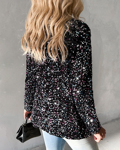 Long Sleeve Shawl Neck Sequin Blazer Coat