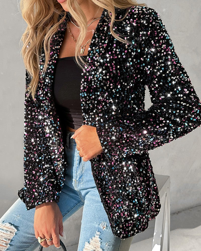 Long Sleeve Shawl Neck Sequin Blazer Coat