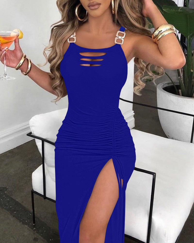 Ladder Cutout Slit Buckled Bodycon Dress