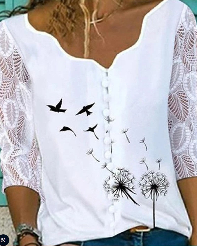 Swallow Print Three quarter Sleeve Lace Patchwork Blouse