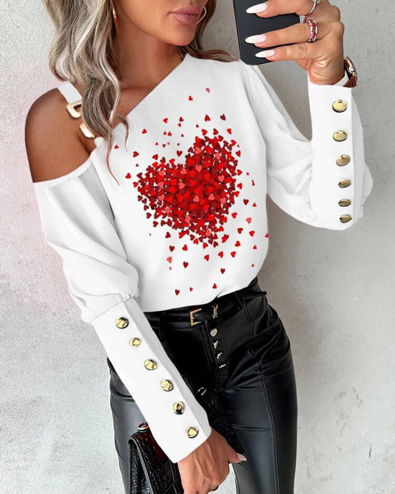 Heart Print Cold Shoulder Chain Decor Top