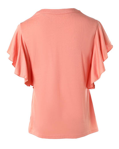 Ruffle Sleeve Notch Neck Casual T shirt