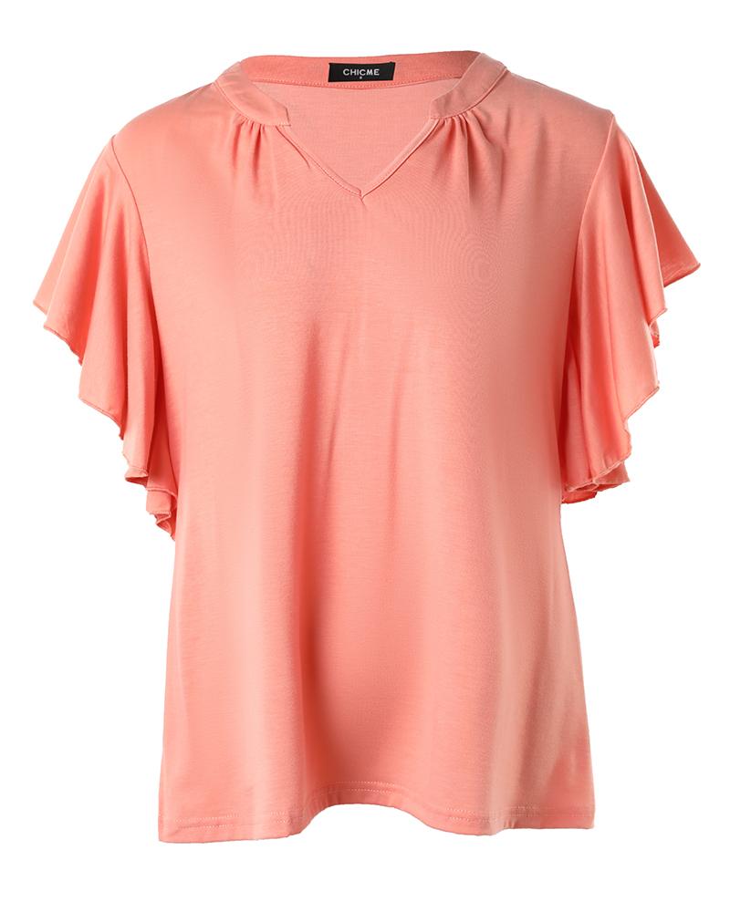 Ruffle Sleeve Notch Neck Casual T shirt