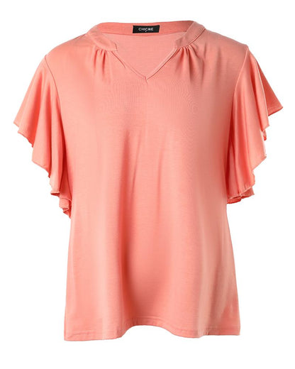 Ruffle Sleeve Notch Neck Casual T shirt