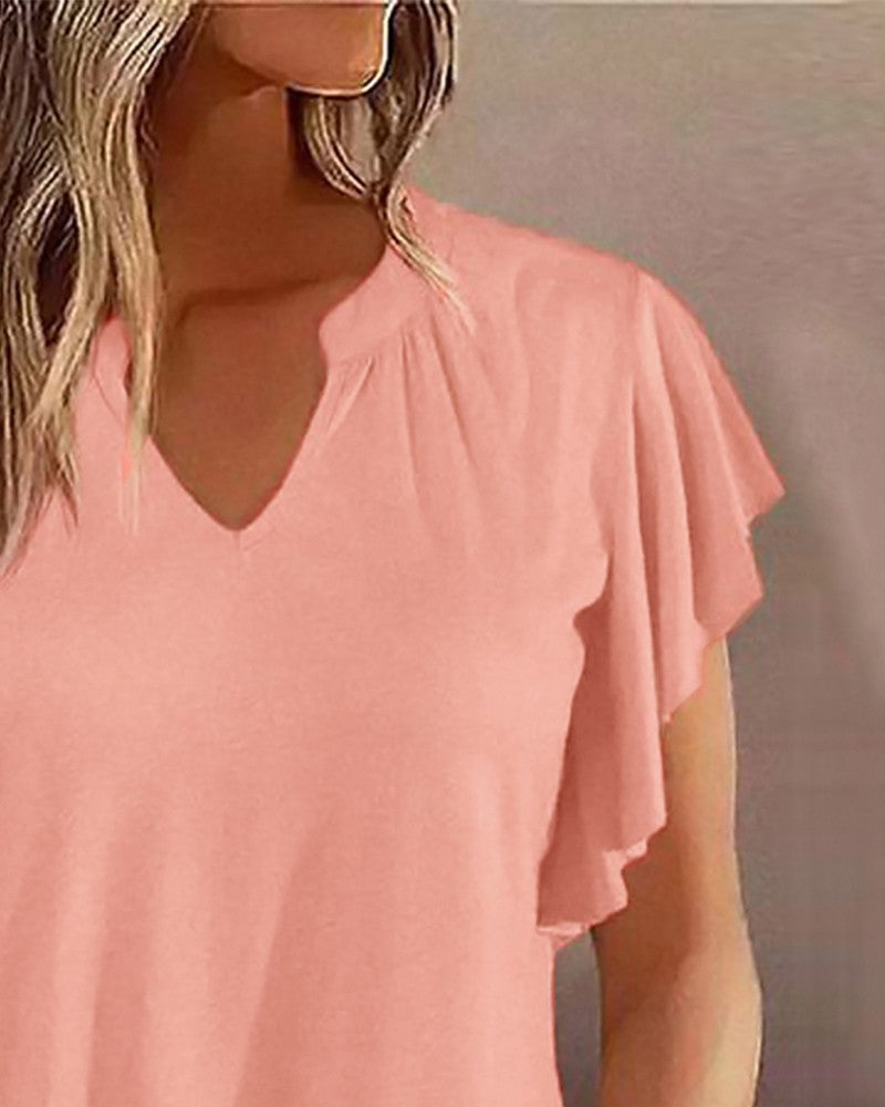 Ruffle Sleeve Notch Neck Casual T shirt