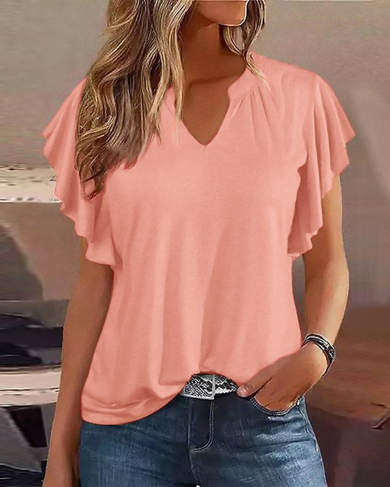 Ruffle Sleeve Notch Neck Casual T shirt