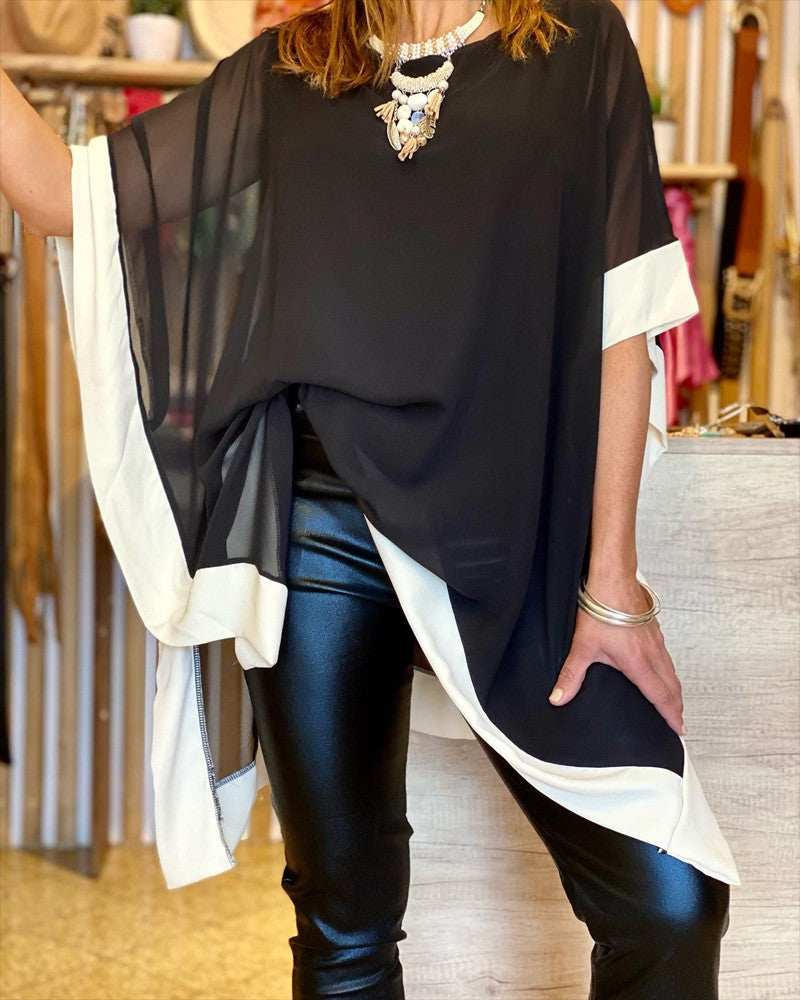 Contrast Paneled Batwing Sleeve Chiffon Top