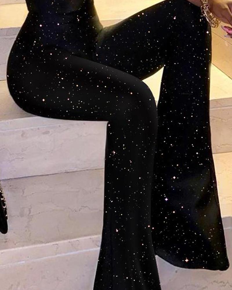 Contrast Lace Glitter Flared Leg Jumpsuit