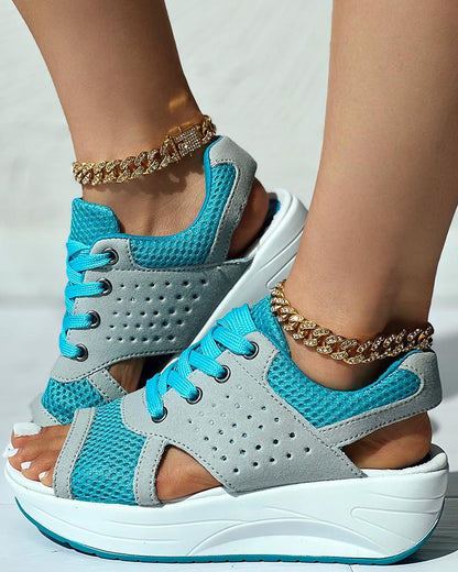 Colorblock Hollow Out Platform Wedge Sandals