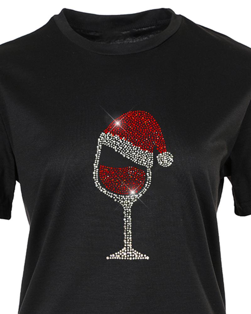 Christmas Hat Wine Glass Print Short Sleeve T shirt