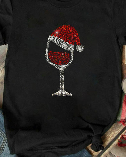 Christmas Hat Wine Glass Print Short Sleeve T shirt