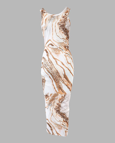 Marble Print Ribbed Drawstring Ruched High Slit Dress