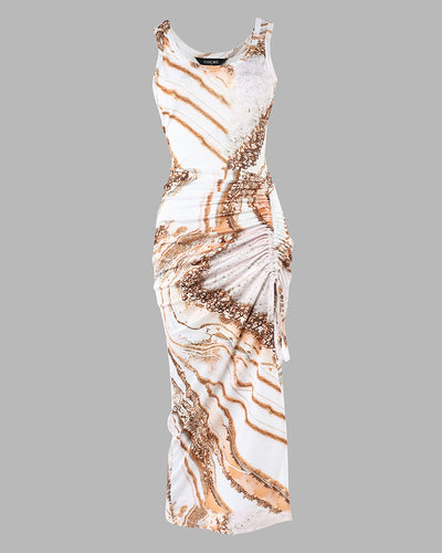 Marble Print Ribbed Drawstring Ruched High Slit Dress