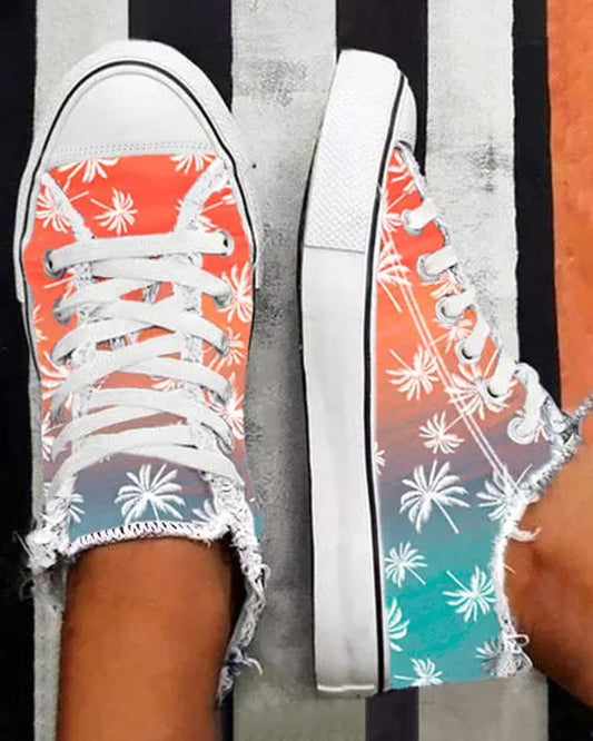 Coconut Tree Print Ombre Frayed Canvas Sneakers