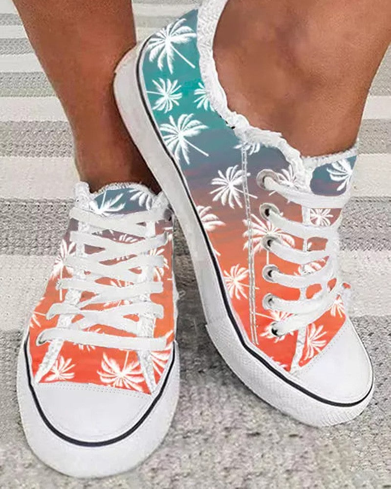 Coconut Tree Print Ombre Frayed Canvas Sneakers